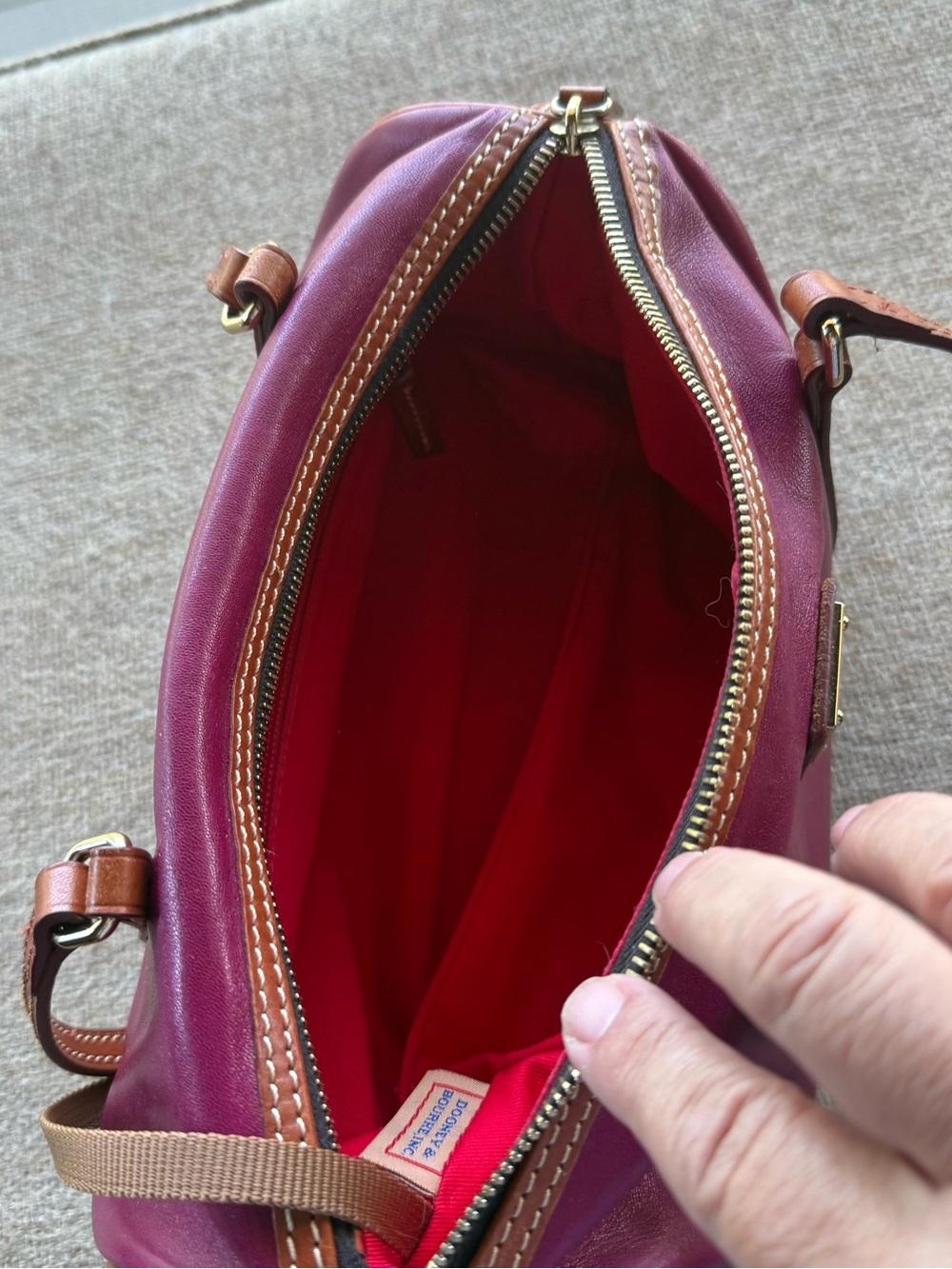 Dooney & Bourke Plum Leather Barrel Satchel with Brown Trim - Picture 8 of 8
